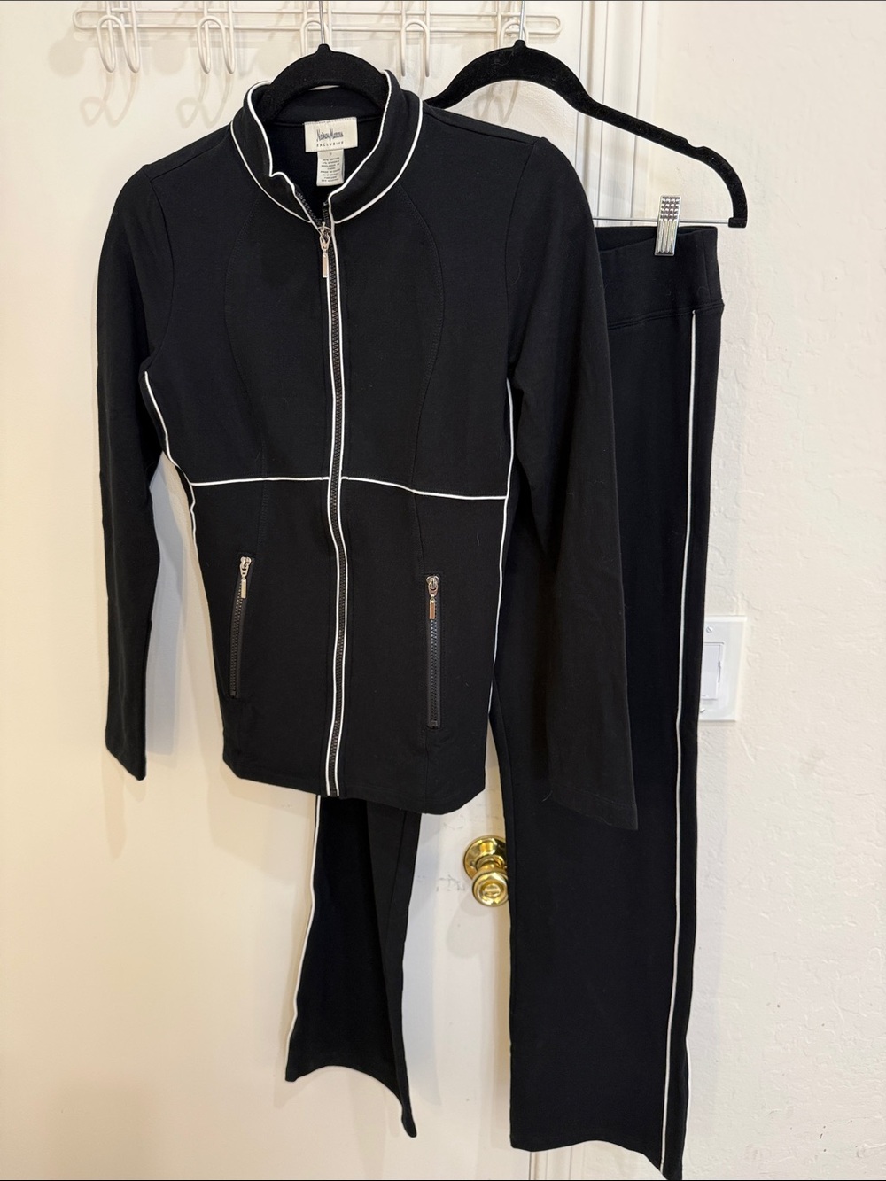 Neiman Marcus Black Track Pants & Zip Jacket with White Piping